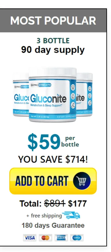 Gluconite three bottle 90-day supply value package showing discounted price and savings, best seller promotion